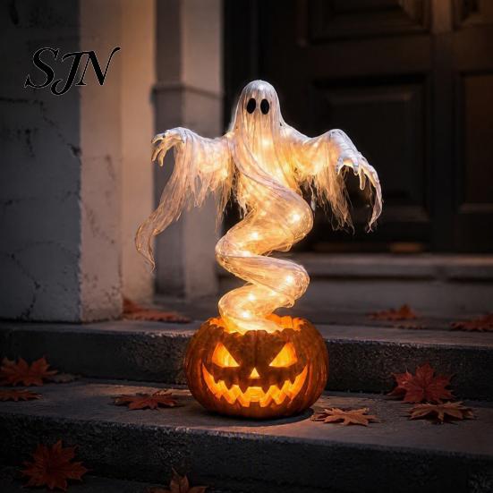 Decorative Lighted Autumn Sculptures Halloween Swirling Ghost Pumpkin Yard Lamp, Spooky Outdoor Holiday Lawn Accents Statue, Warm LED Decoration