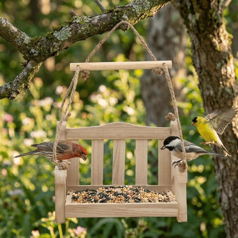Chair Design Bird Feeding Station Wooden Bird Food Container  Outdoor Garden Decor