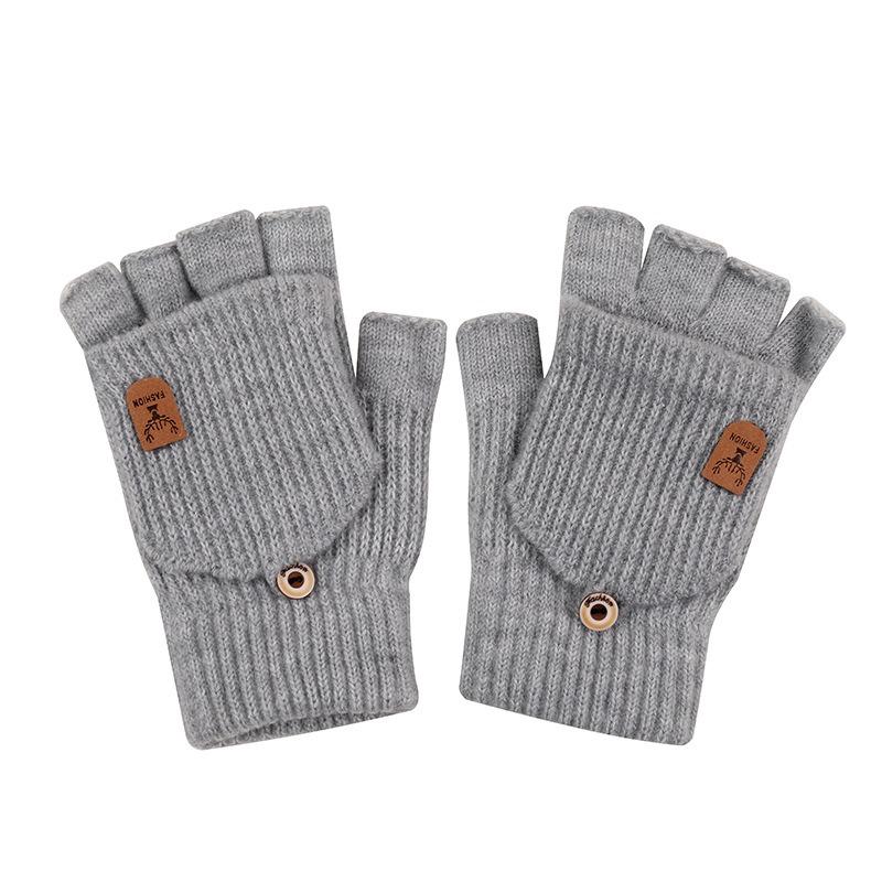 Gloves Winter Warm Fleece Knitted Half Finger Flap Thickened Riding Student Writing Wool Gloves