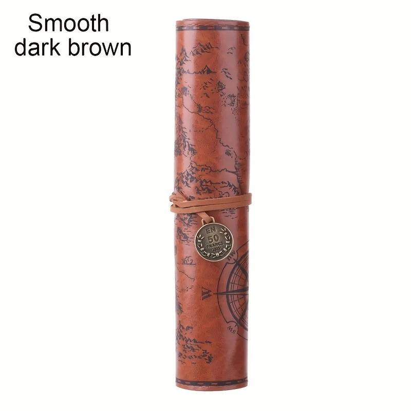 Leather Roll-Up Pouch W/ Embossed Buckle Vintage Treasure Map Pencil Case Large Capacity School Office Organizer