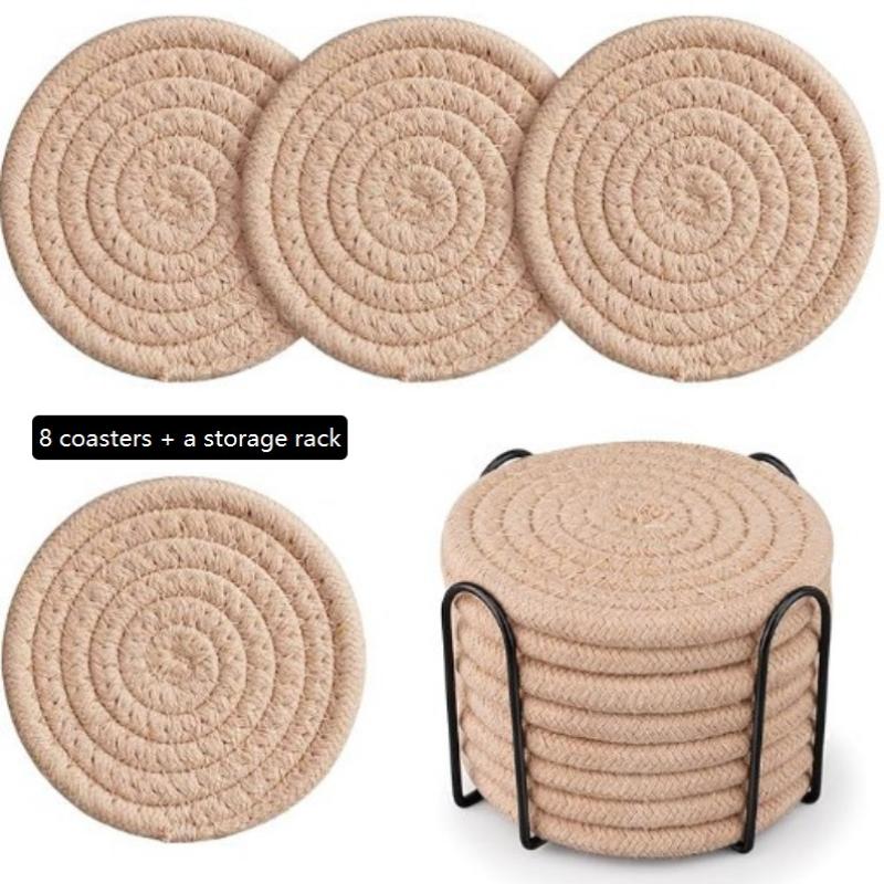 8 Pieces Cotton Rope Woven Placemats With Stand Insulation Pads For Drinks Woven Coaster Set Home Decoration