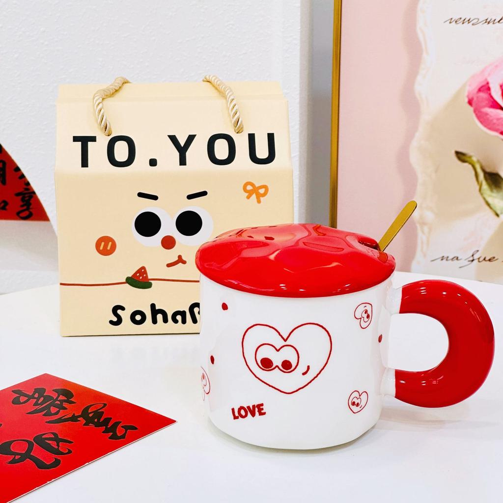 Red Festive Zhaocai Fubao Ceramic Mug with Lid New Year Gift Cup Souvenir Event Handheld Gift Box