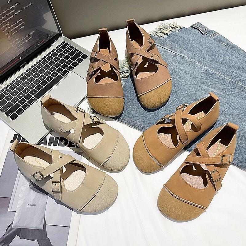 Ballet shoes retro cross-strap single shoes women's flat-soled small leather shoes grandma shoes spring new Mary Jane women's shoes