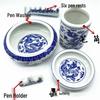 Blue and White Porcelain Calligraphy Set: Brush Washer, Brush Pot, Brush Rest, Ink Dish - Scholar's Four Treasures Collection.