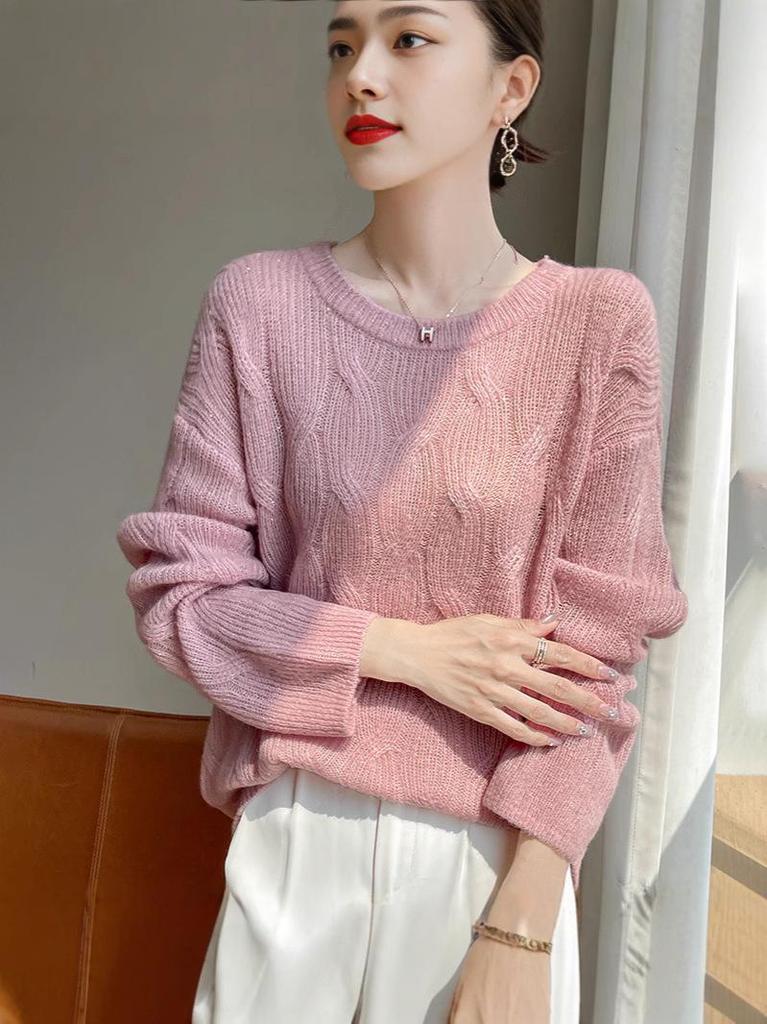 Women's Round Neck Chunky Knit Cashmere Sweater with Sequins, Long Sleeve Fashionable Top for Autumn & Winter