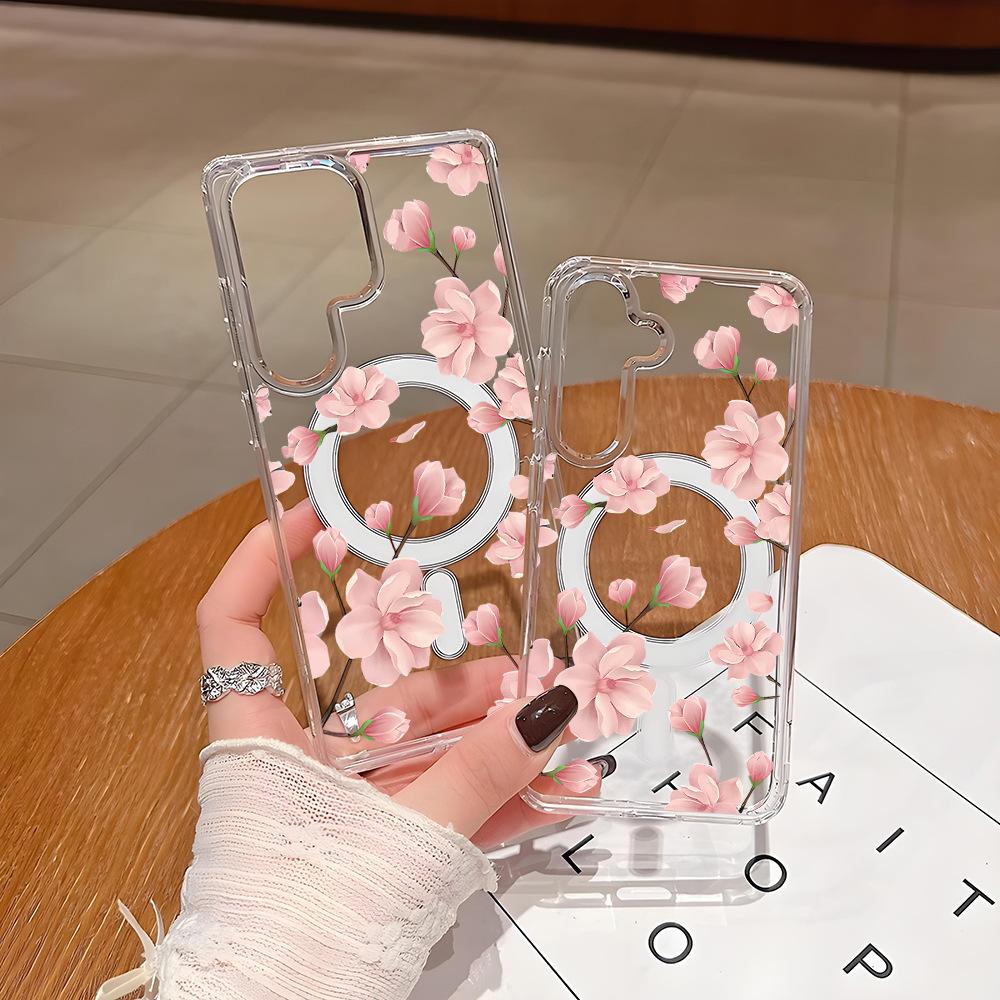 Gentle wind powder magnolia magnetic suction transparent Samsung S26 mobile phone case S25Plus anti-drop protective case