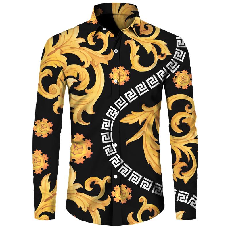 Golden Flower Pattern Print Men's Shirts Casual Single-Breasted Cardigan Long Sleeve Shirt Fashion Trend Tops Men Clothing