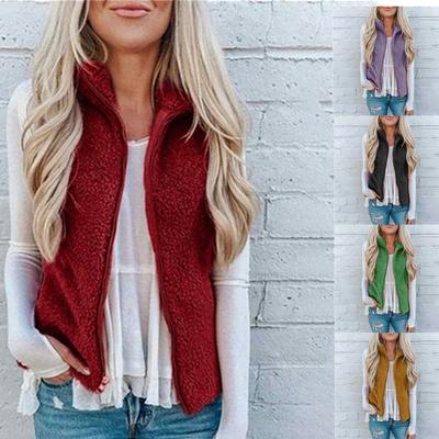 Autumn Winter Plush Female Zipper Cardigan Women Pocket Zipper Solid Color Jacket Plush Sleeveless Lapel Vest Coat
