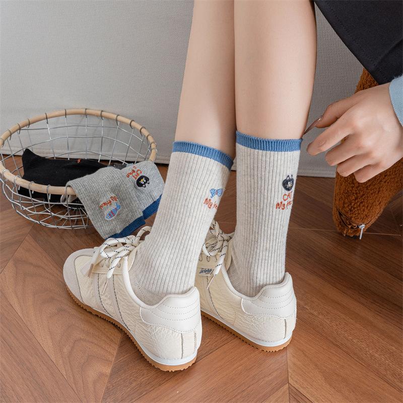 Socks Personality Trendy Socks Color Blocking Ab Version Embroidery Kitten Fish Letter Medium Socks Double Needle Stack Socks