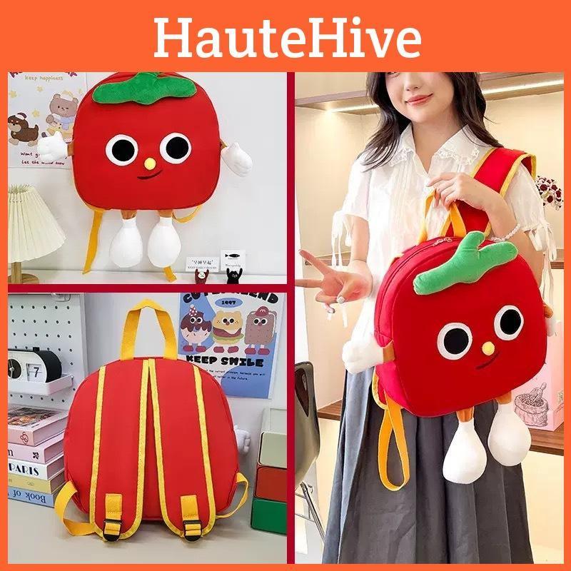 Canvas Cartoon Tomato Plush Backpack With Fun Cartoon Pattern For Students