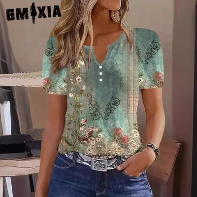 Casual Loose Fashion Short Sleeve Element Printed Top Spring Summer Vacation Women's V-neck T-shirt