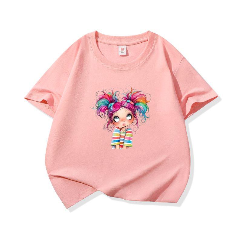 Kids Cotton T Shirt Colorful Rainbow Hair Girl Print Crew Neck Short Sleeve Tee Casual Boys Girls Summer Tops