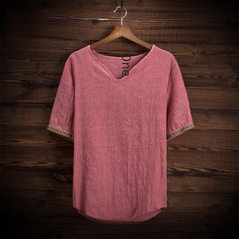 Herr Sommar Koreansk V-ringad Kortärmad Bomull Linne T-shirt - Andningsbar, Allsidig, Trendig Halvärm för Större Storlekar