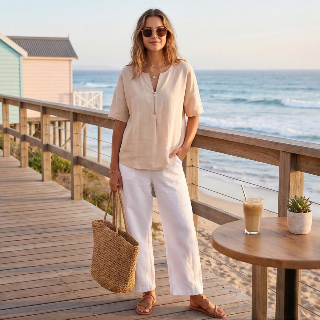 Women's Casual Solid Color Pullover Top Short Sleeve Loose Fit Round Neck with Front Zipper Lightweight Blouse for Everyday Wear