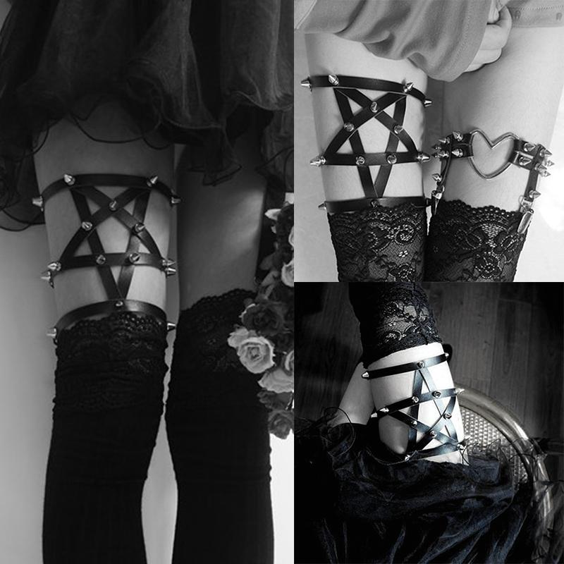 Gotické Punkové Kožené Podvazky Prsten na Nohu Dámské Sexy Pentagram Obvaz Nýty Podvazky Streetwear Párty Prsten na Nohu Elastický