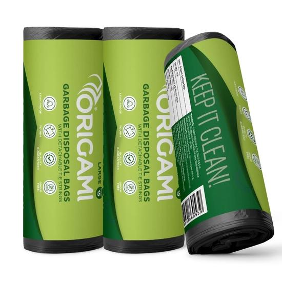Origami Garbage Bags For Dustbin - Large 24 X 32 Inches | 15 Bags Per Roll (Pack Of 3, Black), 45 Count
