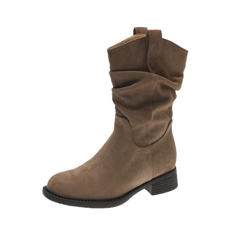 Medium boots pleated thick heel no thin V thin pile autumn mouth women's boots western versatile boots women's fashion
