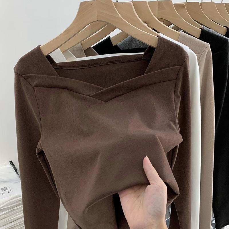 Four Colors Spring Summer Basic Sense of Design Long Sleeve T-Shirts Square Collar Slim Pure Cotton Women's Clothing Simplicity