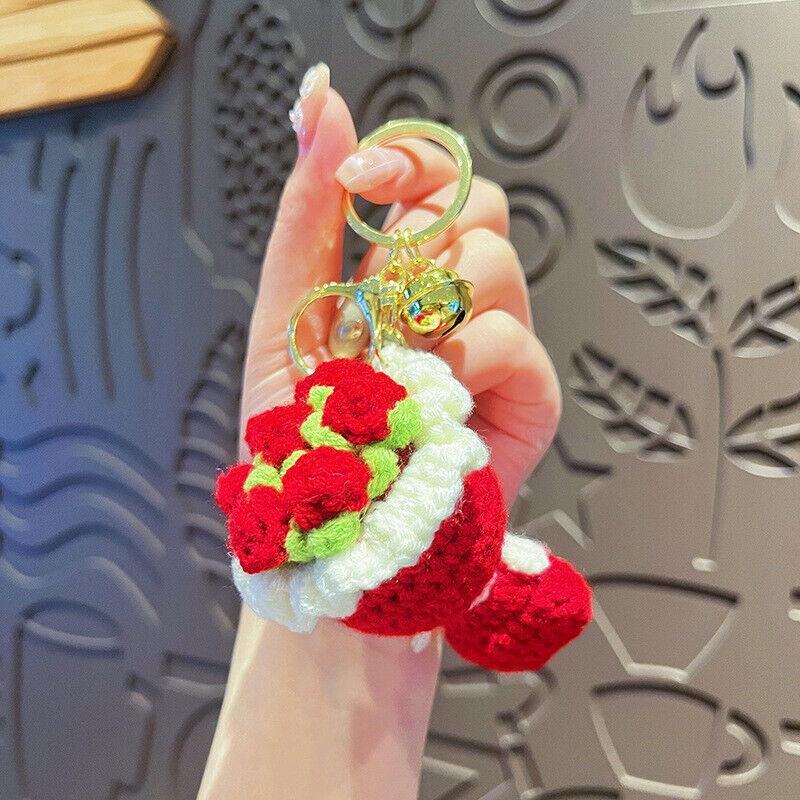 Finished Crochet Yarn Bouquet Keychain Accessories Knitted Rose Sunflower Mini Handheld Flower Doll Accessories Pendant