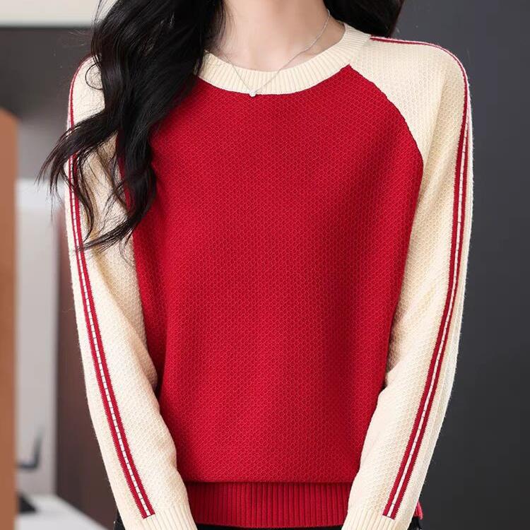 

Круглый вырез с длинным рукавом женский осенне-зимний новый свободный иностранный стиль уменьшающий возраст свитер низ вязаный свитер верх 2XL красный