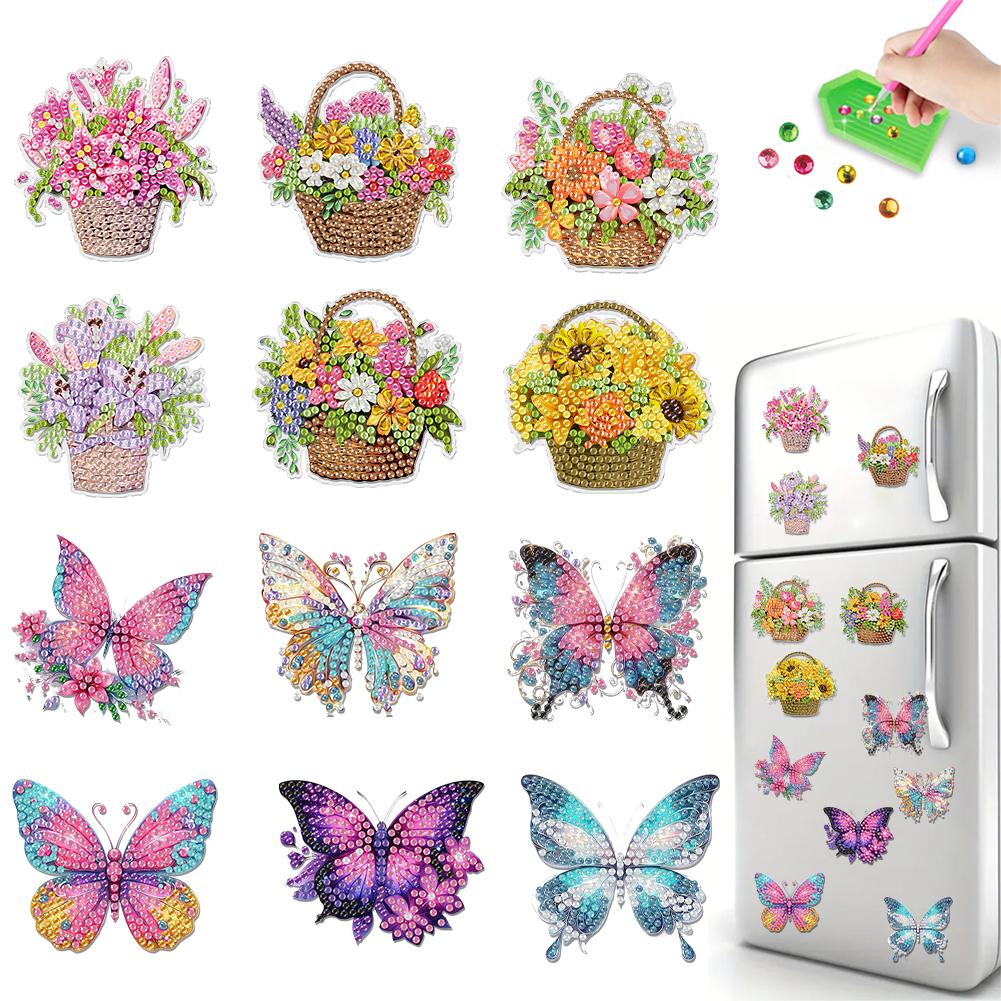 12PCS 2D Flat DIY Diamond Painting Refrigerator Magnet Round Diamond Crystal Refrigerator Magnet Diamond Art Kits for Home Decor