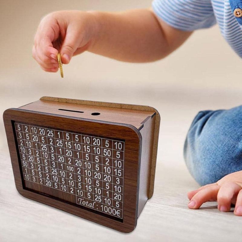 Savings Challenge Box, Wooden Piggy Bank: Countdown Savings Box 1000 goals, Money Box with Money Goals and Digital Check for Boys and Girls (1000)