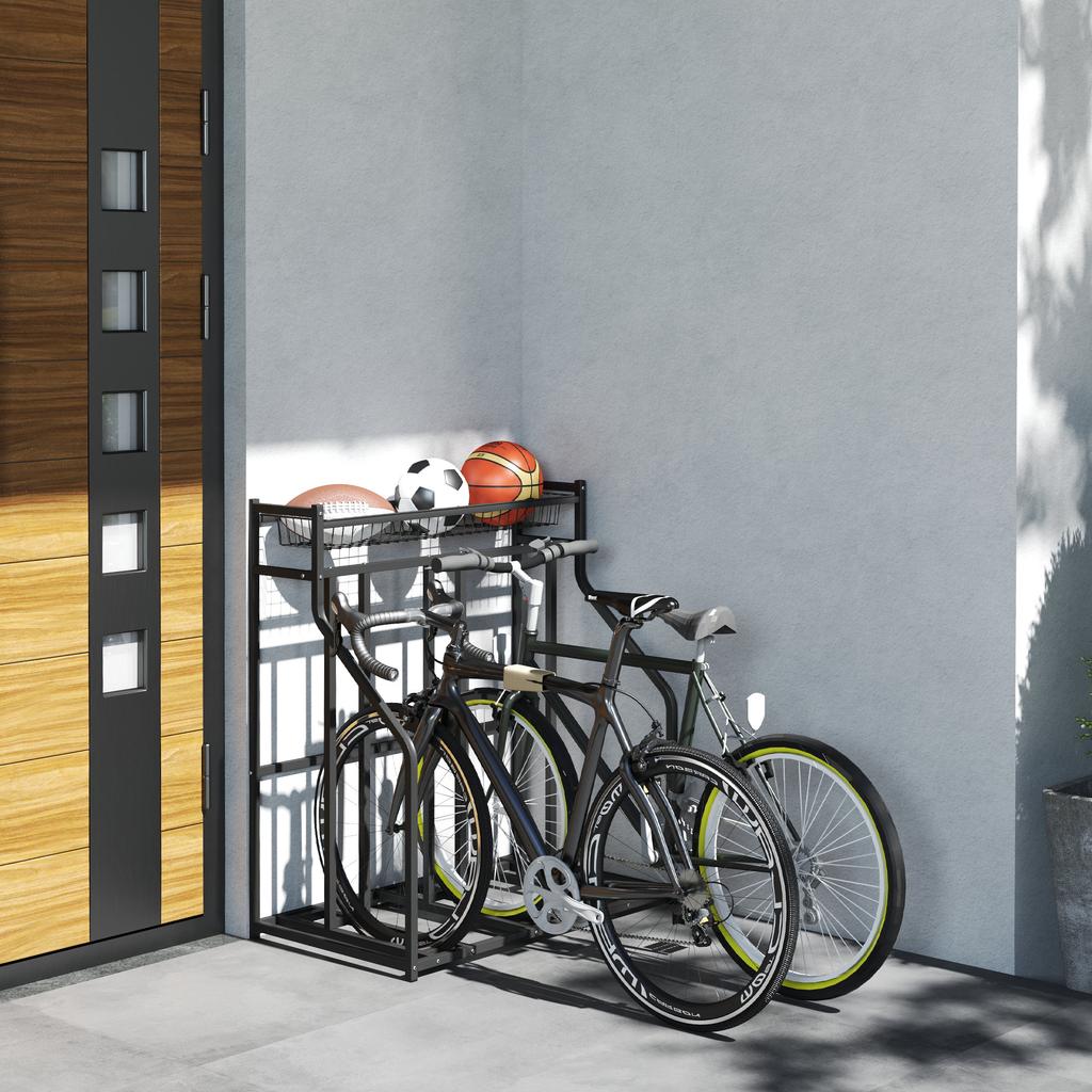 Bike Rack 3 Bike Parking Stand With Top Basket 4 Hooks 90 X 54 X 100 Cm Black