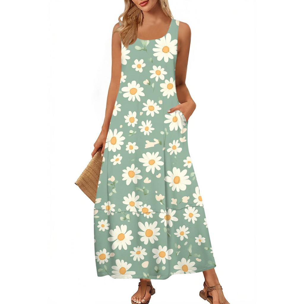 Lässiges bodenlanges Sommerkleid für Damen, Sommer-Strandkleid, Rundhalsausschnitt, ärmellos, lockerer Aufdruck