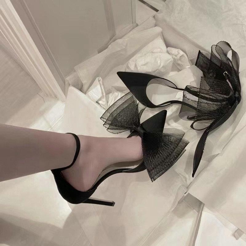 Fashion New One-Line Buckle Sandals Women'S Thin Heels With Bow Dinner Shoes Bun Head High Heels Pointed Shallow Mouth Single Shoes