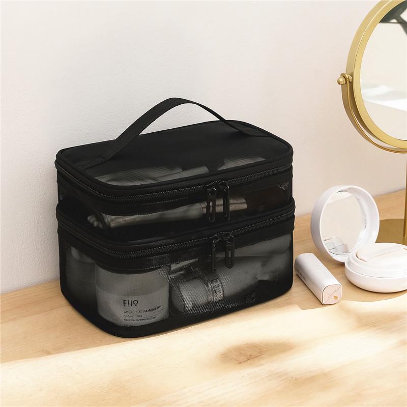 Double-Layer Nylon Mesh Travel Cosmetic Bag - Large Capacity, Transparent, Handheld Toiletry Organizer