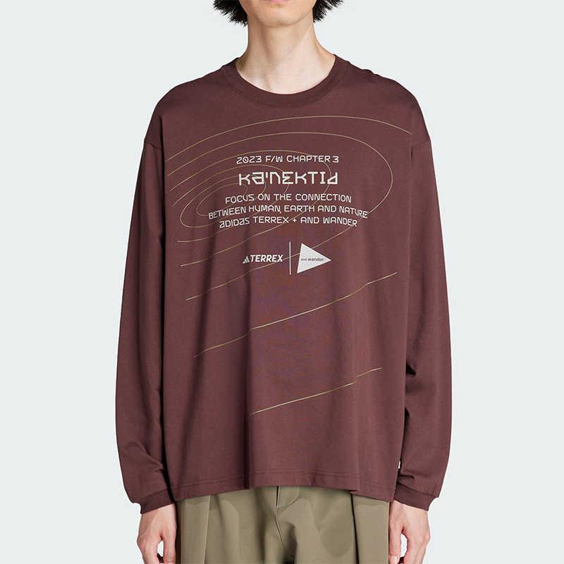 Adidas Terrex X And Wander Collaboration FW23 Pattern Printed Outdoor Sports Crew Neck Long Sleeve T-Shirt Unisex Tops Dark-Gray Brown HZ0672
