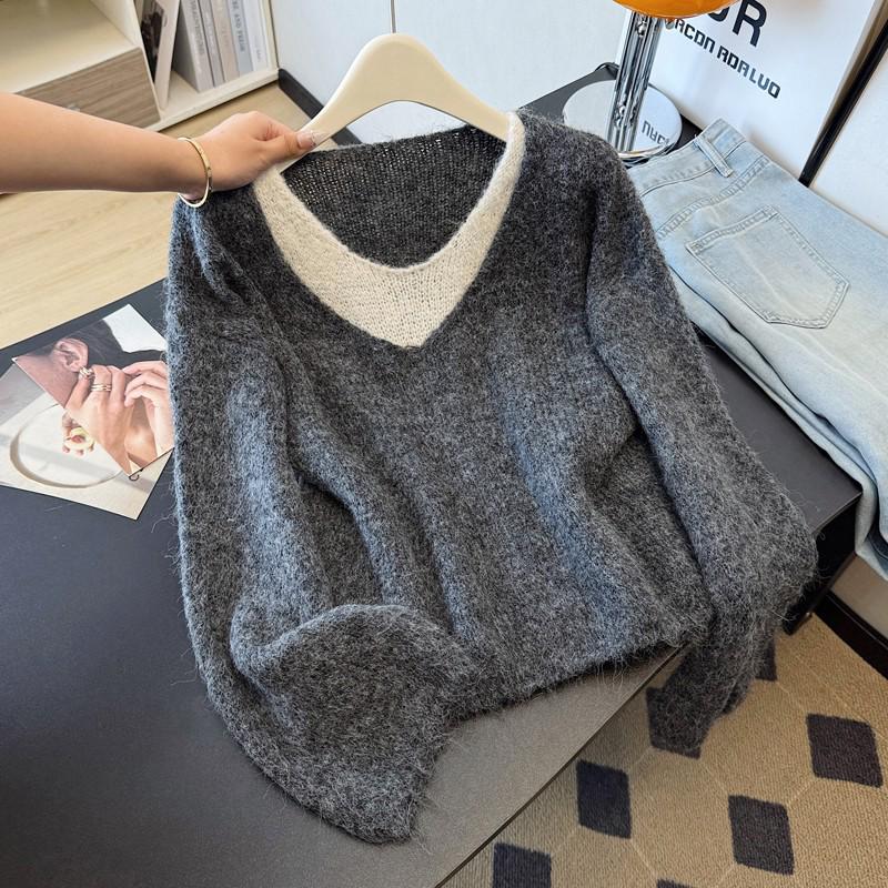 Color Block V-Neck Long Sleeve Knit Sweater - Women's Autumn/Winter Loose Fit Two-Piece Style Cardigan