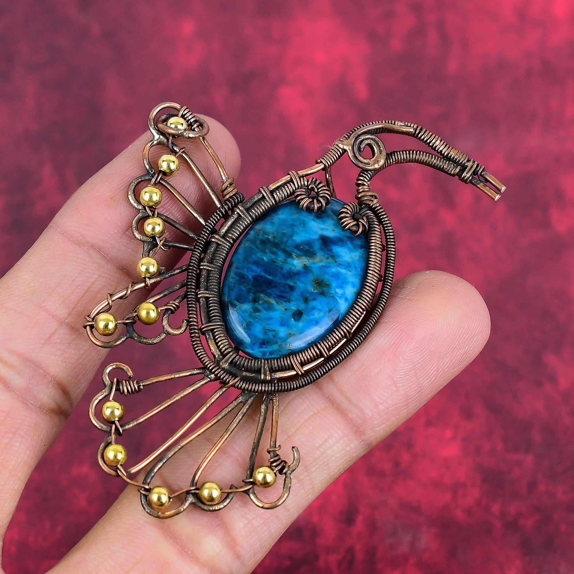 Neon apatite pendant copper wire wrapped pendant gemstone jewelry bird pendant handmade copper wire wrap jewelry wedding gifts women pendant