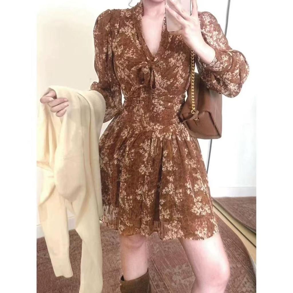 Coffee break French temperament old money wind floral dress children's summer new long-sleeved chiffon waist skirt