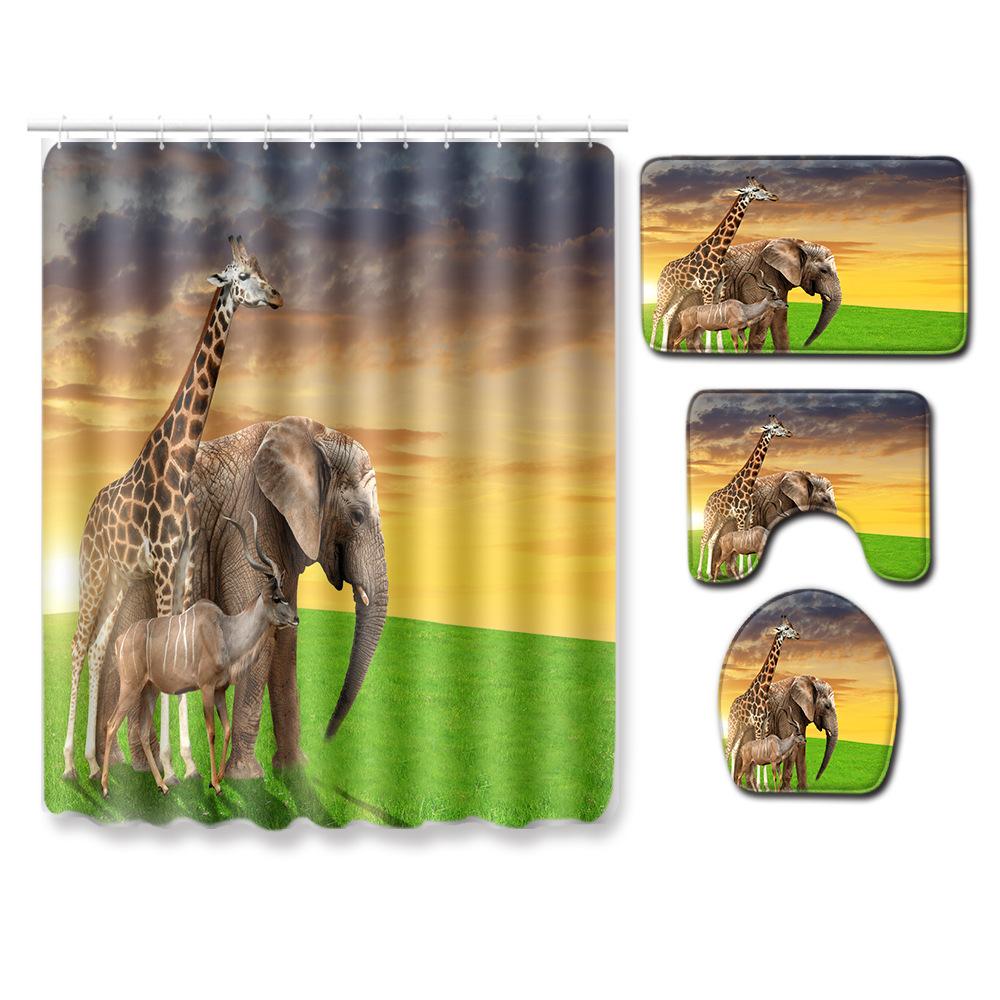 Elephant Lion Animal Shower Curtain Floor Mat Combination Set Toilet Carpet Shower Room Mat Foot Mat