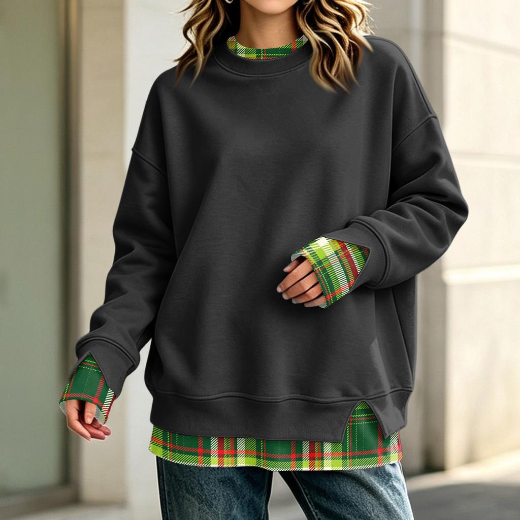 Women's Long Sleeve Mock Two-Piece Sweatshirt Loose Fit Casual Pullover
