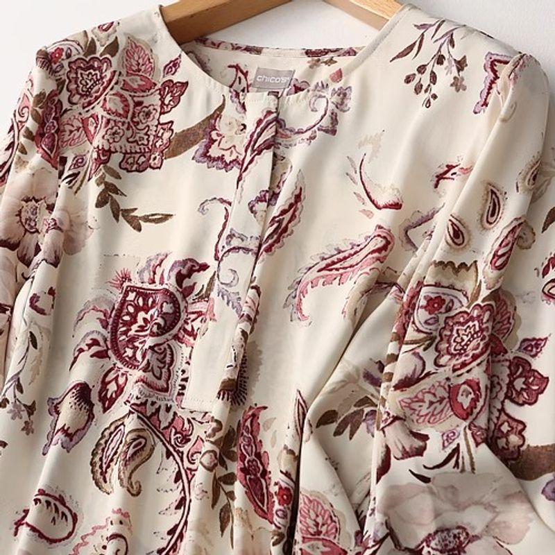 Export Export French Style Print Pleated Bell Sleeve Patchwork Half Button Pendant Chiffon Shirt for Women Spring & Fall