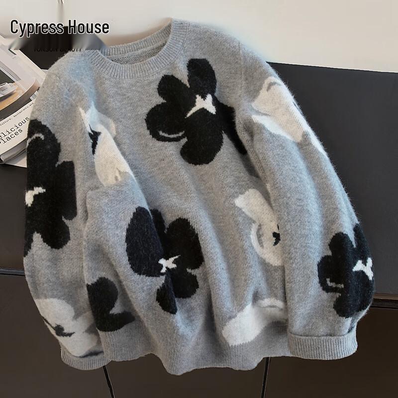 

Women s Color-Block Floral Jacquard Round Neck Sweater M