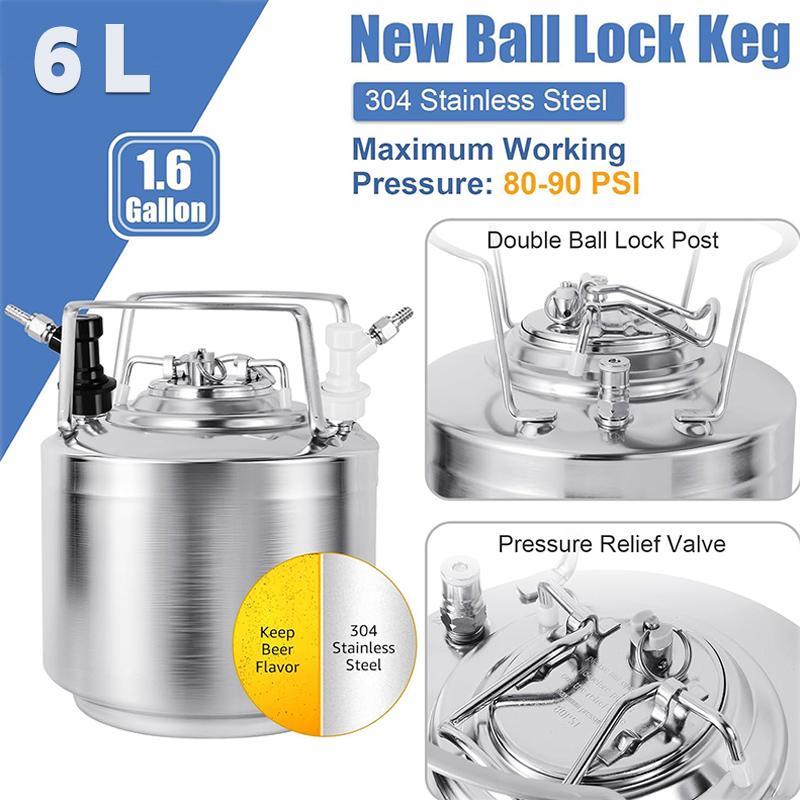 6L(1.6 Gallon) Cornelius Keg,304 Stainless Steel Draft Beer Keg with Ball Lock Disconnect,Homebrew Keg Dispensering Set For Paty