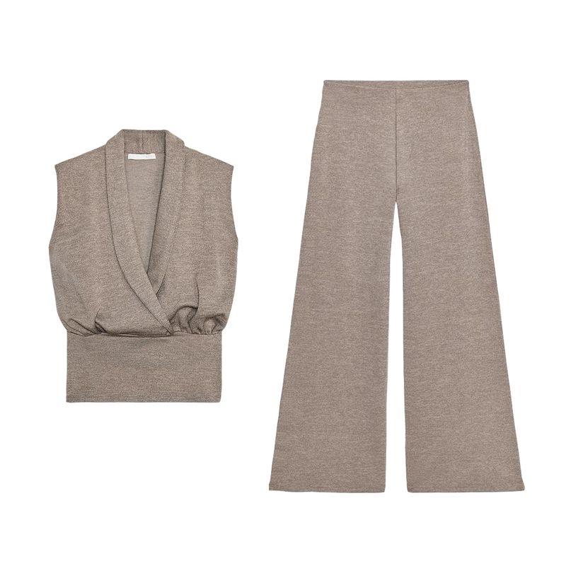 Seersucker Double Placket Top 5067164 Pique Basic Mid Waist Wide Leg Casual Trousers 5067165