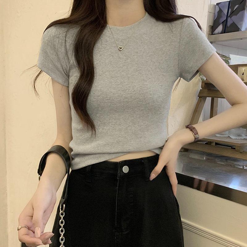 Right Shoulder Pink Short-sleeved Cotton T-shirt for Women Summer 2025 New Hot Girl Tight Design Short Small Stand-up Collar Inner Top