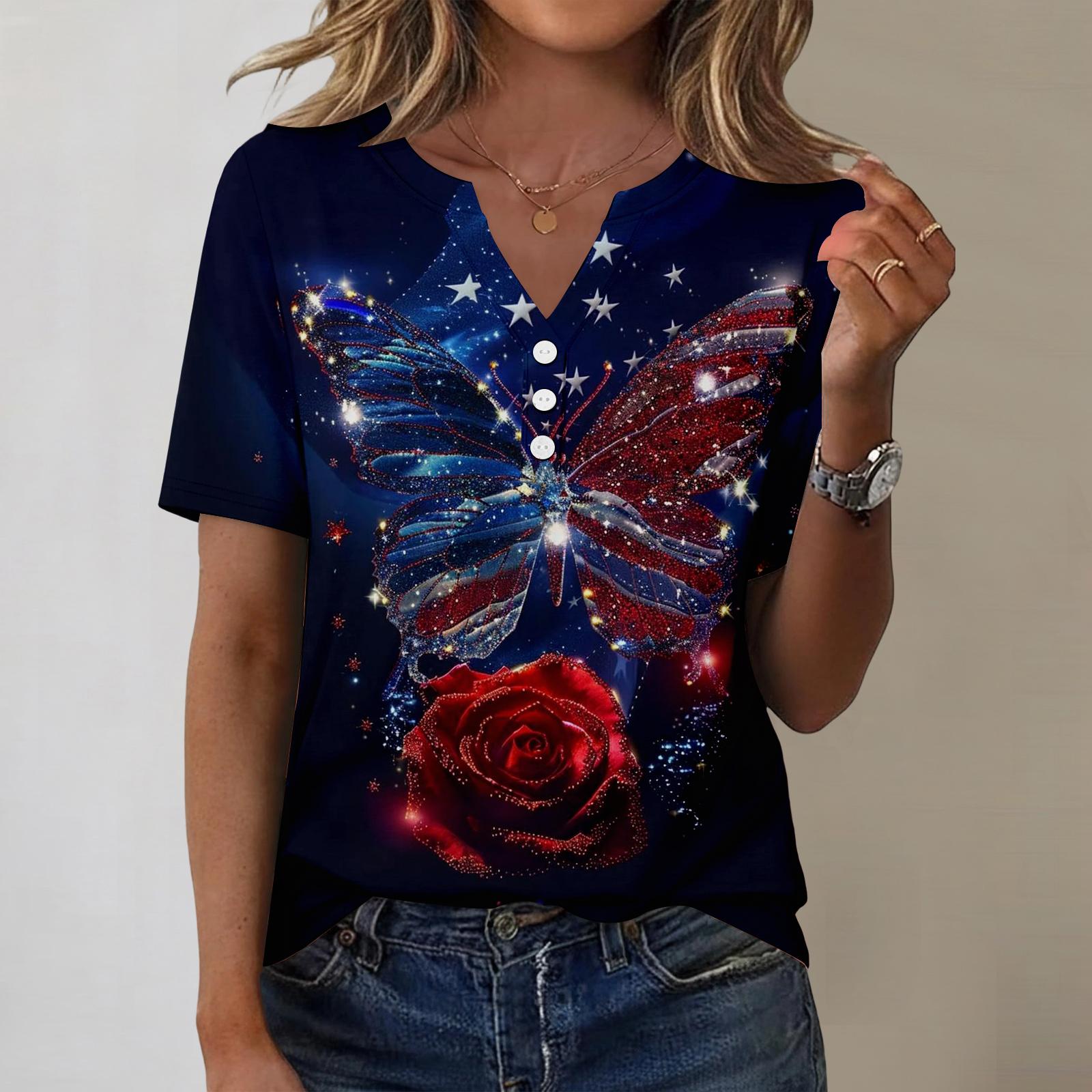 Women s Fashionable Casual Independence Day Print Blouse XL тёмно-синий