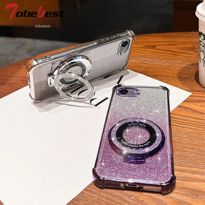 Shockproof Glitter Plating Case For iPhone 16E 2025 16 15 14 Plus 13 12 11 Pro Max Fundas Magsafe Bracket Bead Bracelet Cover