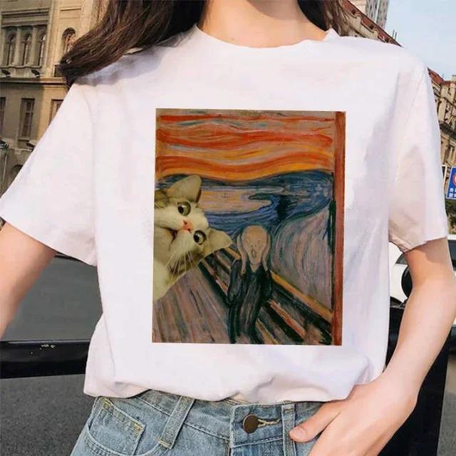 Women Clothes Summer Fashion Trendy Casual TShirt Van Gogh Cat Van Gogh Cat Art Oil Painting Printed T-Shirt Aesthetic Clothes