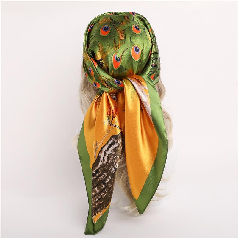 Spring Chinese Style Peacock 90*90cm Lmitation Silk Large Square Scarf Women's Accessories Head Scarf Beach Shawl Scarf