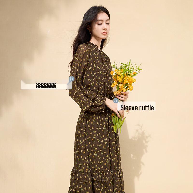 Xiangying Damen Polka Dot Blumen Rüschen Krawattenkragen Langarmkleid