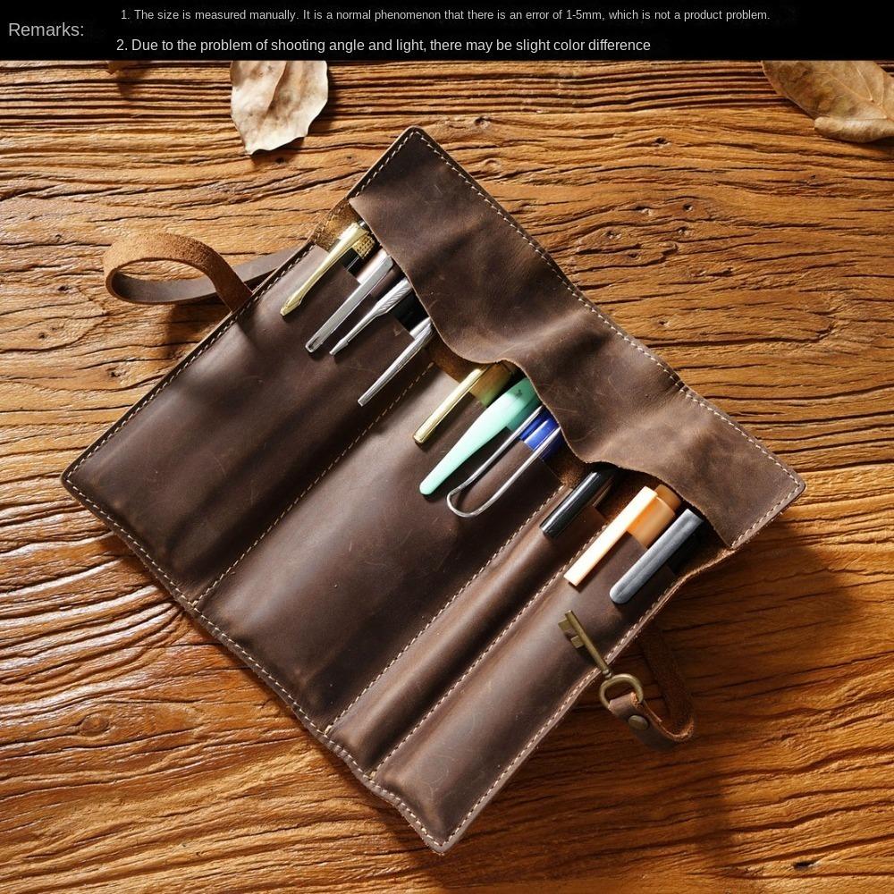 Tie Rope Foldable Leathe Pencil Bag Pens Bag Nature Cowhide Pen Protection Bag  Birthday Present