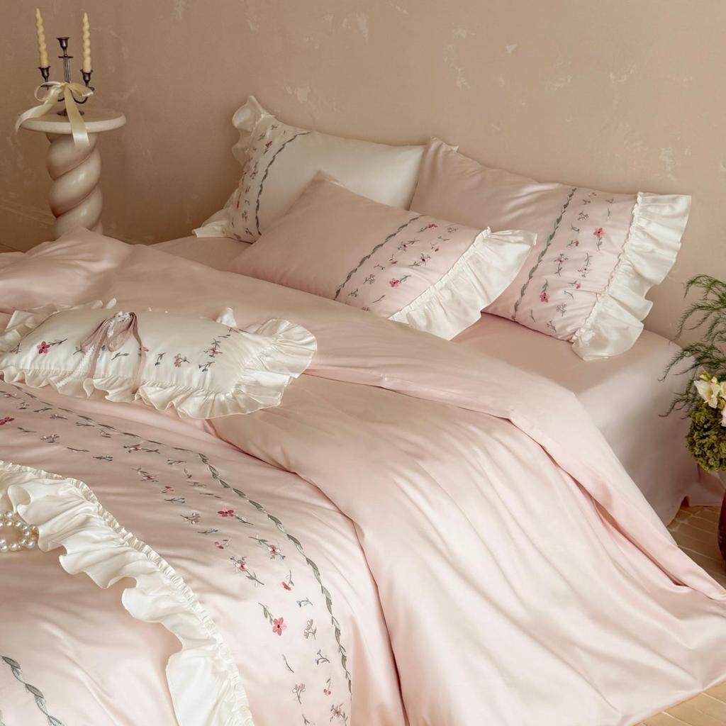 French Countryside Floral 100% Cotton Embroidered Lace Duvet Cover Set, includes Long-Staple Cotton Bed Sheet and Pillowcases.