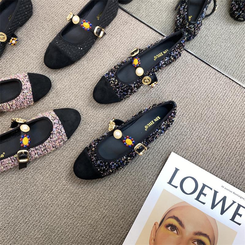 XINZHOU Xiaoxiangfeng Round Head Metal Buckle with Mary Jane Shoes Women's Shallow Mouth Rough Flower Versatile Flat-soled Single Shoes