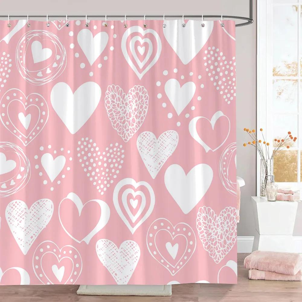 Pink Heart Shower Curtain Holiday Gift Geometric Lines Simple Modern Polyester Fabric Shower Curtains Bathroom Decor with Hooks